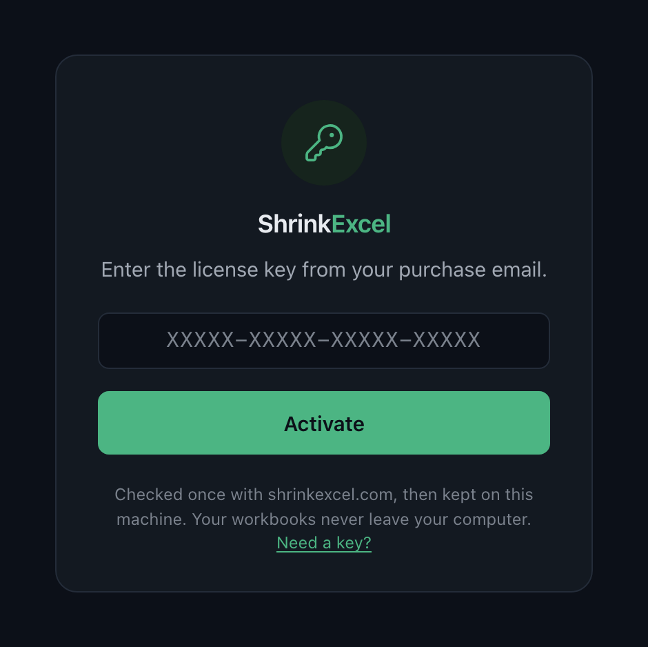 The activation screen: the ShrinkExcel mark, a field for the license key and an Activate button.
