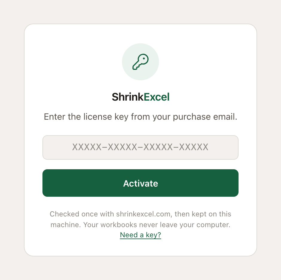 The activation screen: the ShrinkExcel mark, a field for the license key and an Activate button.
